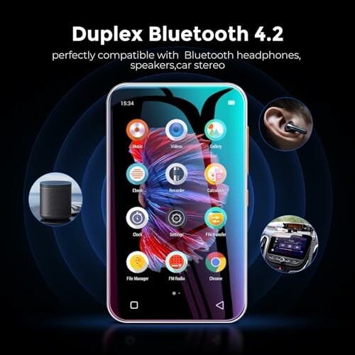 Smartphone displaying apps with Duplex Bluetooth 4.2 compatibility for headphones, speakers, and car stereo.