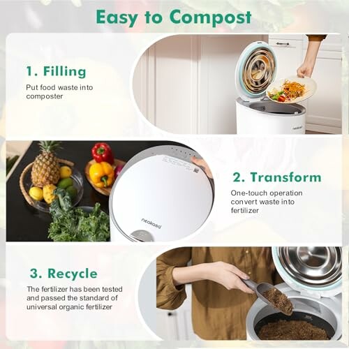 Three-step composting process: filling, transforming, recycling.