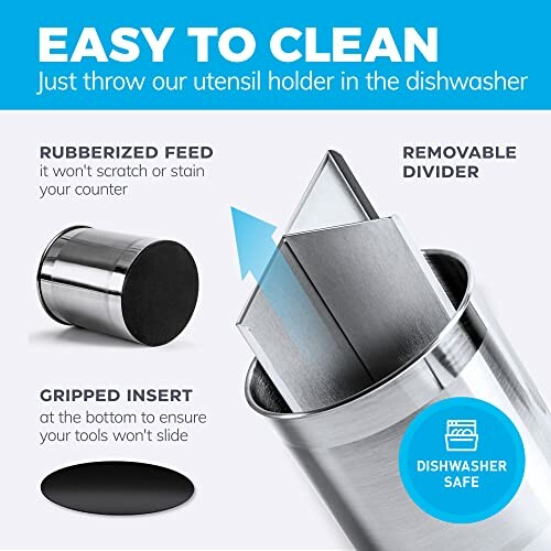 Stainless steel utensil holder with removable divider and rubberized base.