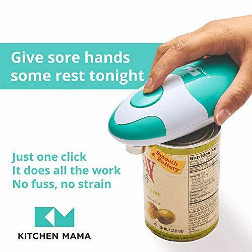 Electric can opener in use with text promoting easy operation