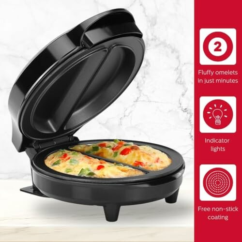 Electric omelet maker with fluffy omelets and features.