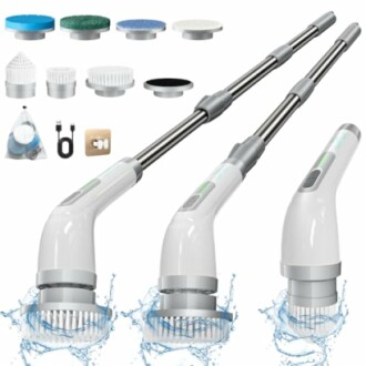 Electric spin scrubber with interchangeable heads and accessories.