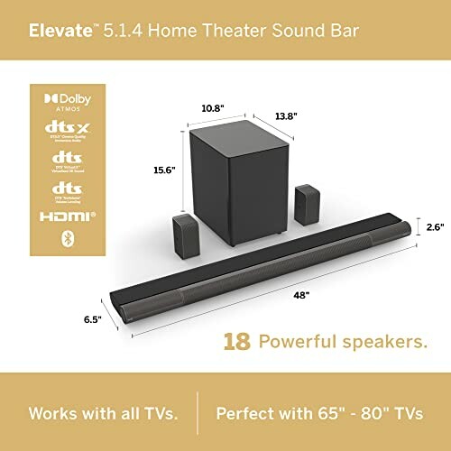 Elevate 5.1.4 Home Theater Sound Bar with speakers and subwoofer dimensions.