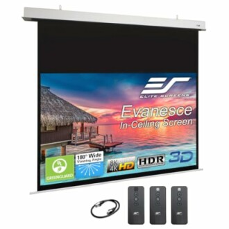 Elite Screens Evanesce in-ceiling screen with remote controls and scenic beach image.