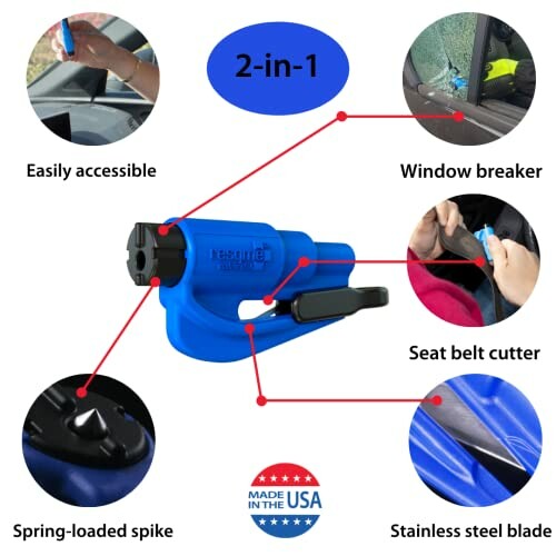 Blue 2-in-1 emergency car tool with window breaker and seat belt cutter.