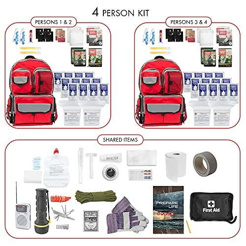 4 person emergency kit with backpacks, food, water, and supplies