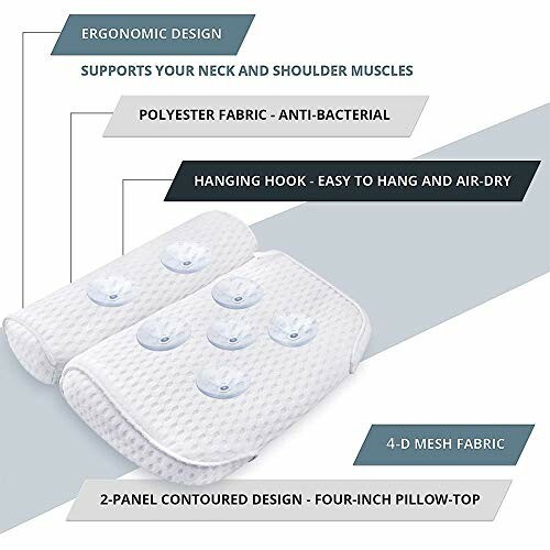 Ergonomic bath pillow with suction cups and 4D mesh fabric.