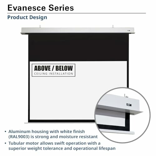 Evanesce Series projection screen with aluminum housing and tubular motor.