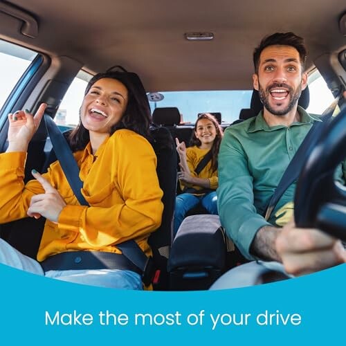 Family happily driving in a car.