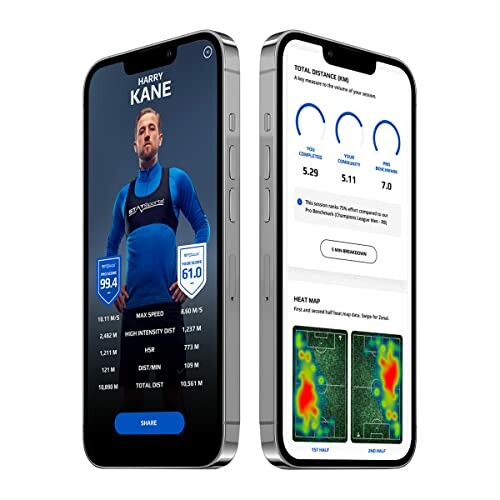Two smartphones displaying a fitness tracking app with performance metrics and heat maps.