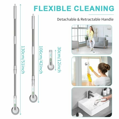 Flexible cleaning tool with detachable and retractable handle, shown in use for floors and windows.
