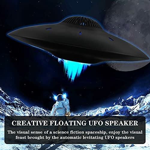 Floating UFO-shaped speaker with astronaut in snowy landscape.