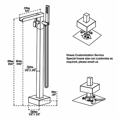 Diagram of a floor-mounted tub faucet with measurements and customization note.