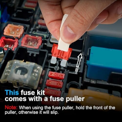 Hand using fuse puller on car fuse kit