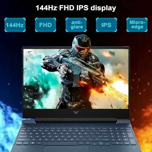 Gaming laptop with 144Hz FHD IPS display showing a soldier in action scene.