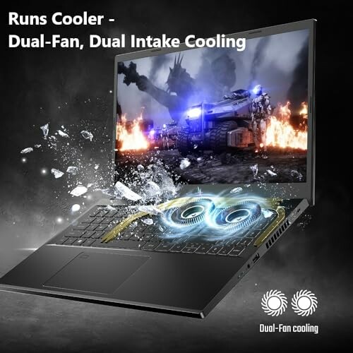 Gaming laptop with dual-fan, dual intake cooling system.