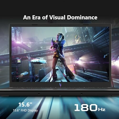 Gaming laptop with futuristic game display and 180Hz refresh rate.