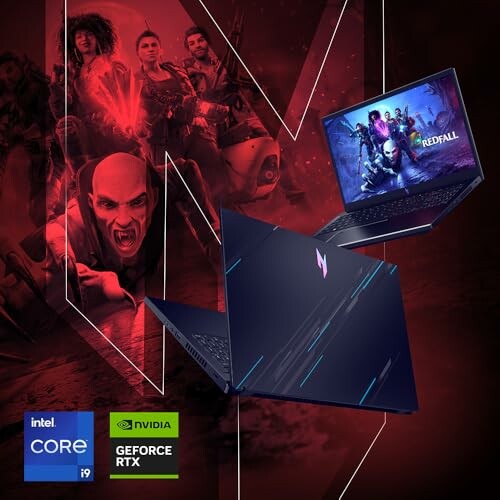 Two gaming laptops with Redfall game graphics and Intel Core i9, Nvidia GeForce RTX logos.