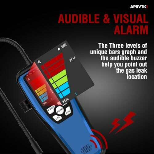 Gas leak detector with audible and visual alarm features.
