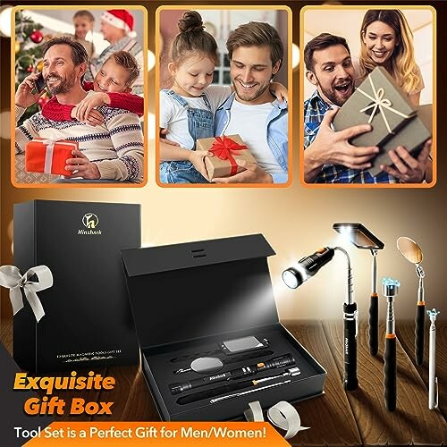 Tool gift set with smiling people holding presents.