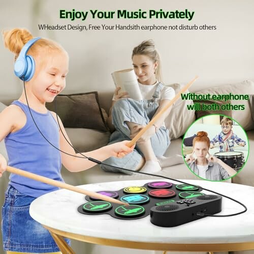 Child playing electronic drum kit with headphones while woman reads in background.