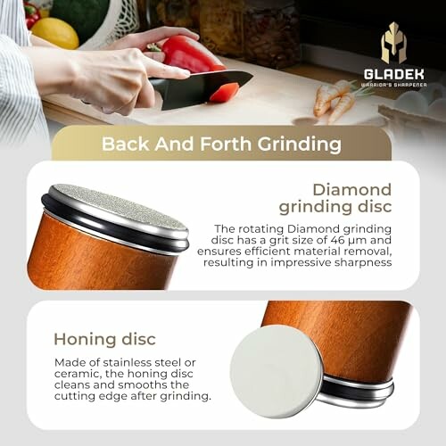 Gladek knife sharpener with diamond grinding disc and honing disc.