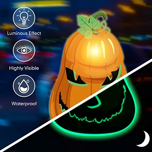 Glowing pumpkin decoration with luminous effect, highly visible, and waterproof features.