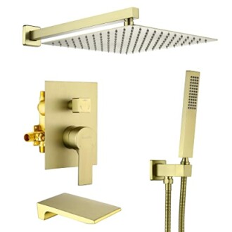 Gold shower fixture set with rain showerhead and handheld spray.