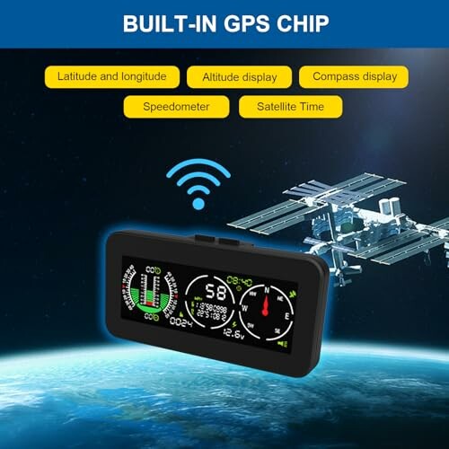 Digital speedometer with built-in GPS chip showing various displays against a space backdrop and satellite.