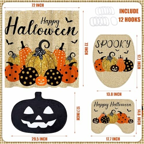 Halloween-themed bathroom decor set with pumpkins and bats.