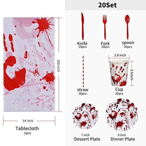 Halloween party set with blood splatter design including tablecloth, cutlery, plates, cups, and straws.