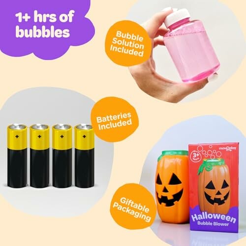 Halloween bubble blower set with bubble solution, batteries, and giftable packaging.