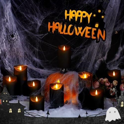 Spooky Halloween scene with black candles and cobwebs