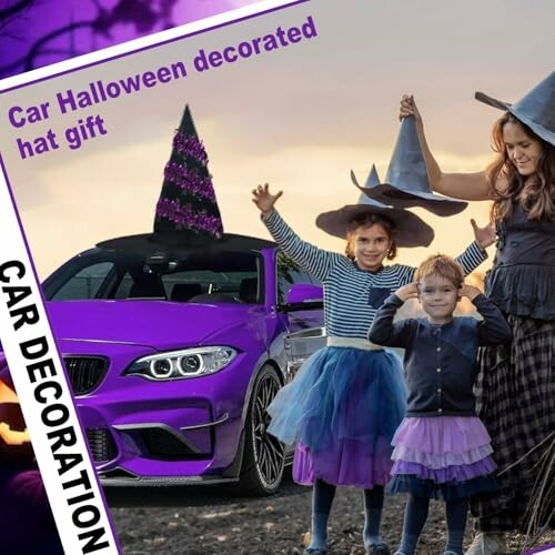 Children in costumes with a decorated car for Halloween.