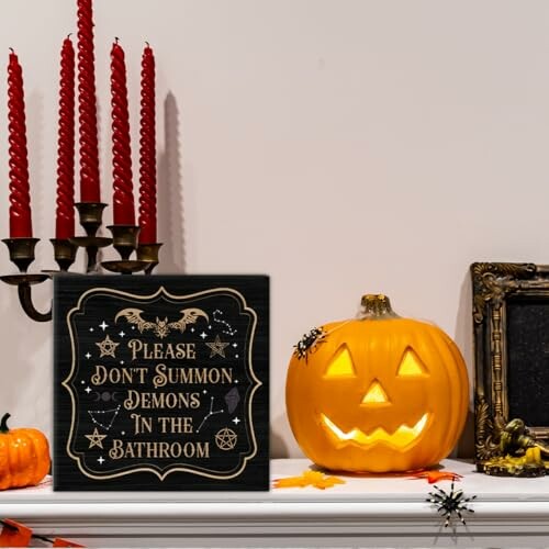 Halloween-themed shelf with a pumpkin and a humorous sign.