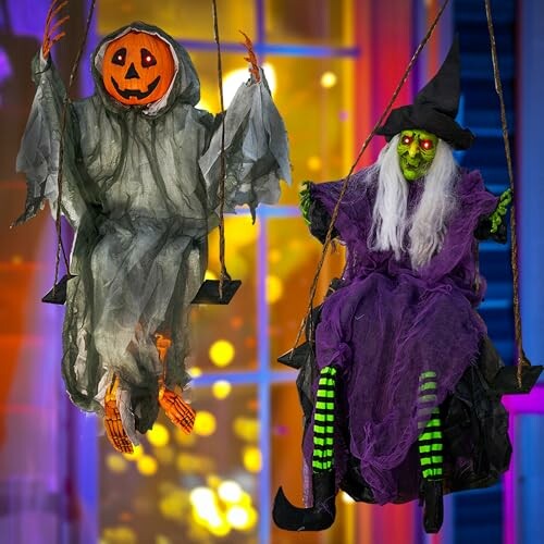 Halloween decorations with ghost and witch on swings.