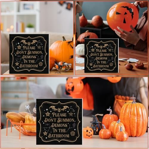 Halloween decorations with pumpkins and a humorous sign.