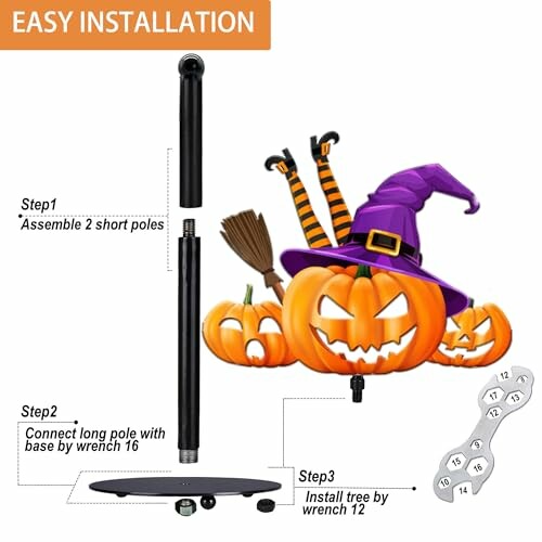 Halloween decoration with pumpkin, witch hat, broom, and assembly steps.