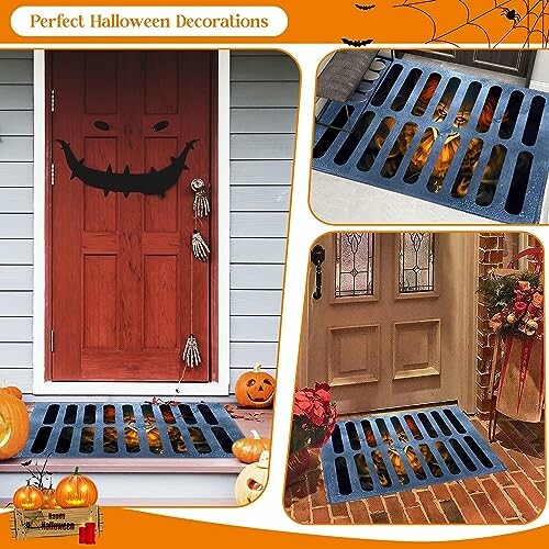 Halloween-themed door decorations with spooky mats and pumpkins.