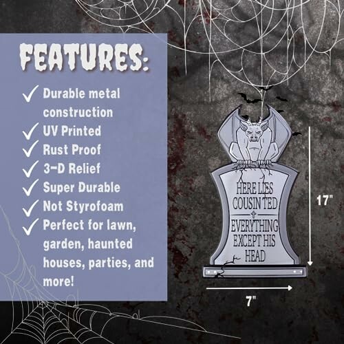 Gargoyle tombstone decoration with features listed.
