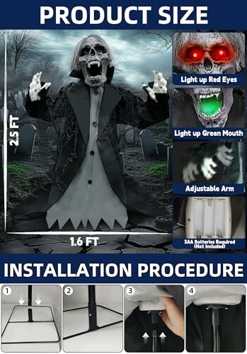 Halloween ghost decoration with red eyes and green mouth, installation guide included.
