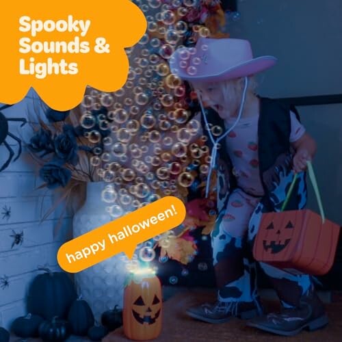 Child in costume with pumpkin bucket and bubbles, Halloween decor