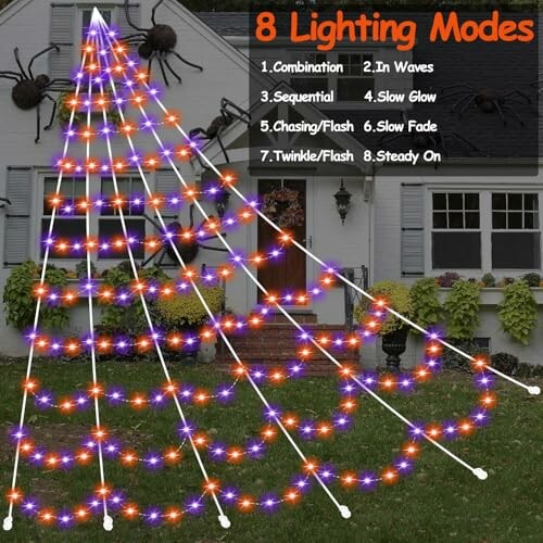 Halloween light display with 8 lighting modes in front of a house.