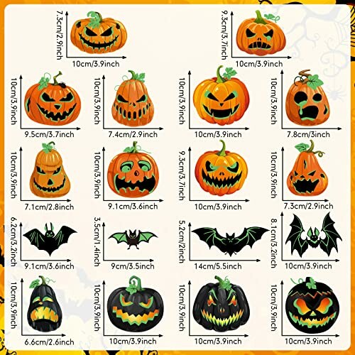 Various Halloween-themed pumpkins and bats with measurements.