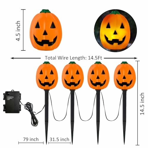 Halloween pumpkin pathway lights with stakes and wire length details.