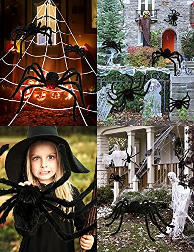 Various Halloween decorations featuring large spiders and webs.