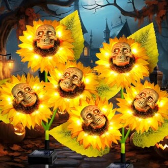 Glowing sunflowers with skull centers in a haunted setting.