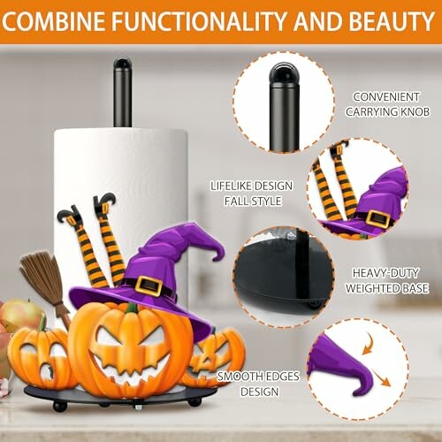 Halloween-themed paper towel holder with pumpkin and witch legs design.