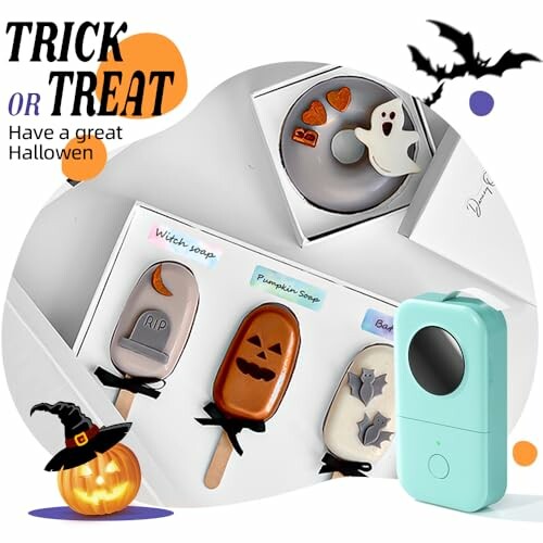 Halloween-themed soaps in ghost, pumpkin, and bat shapes.