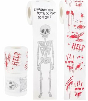 Halloween toilet paper with skeleton and blood prints.